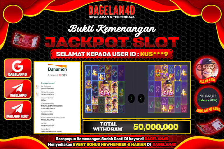 Bukti JP Slot Wild Ape DAGELAN4D 28 JUNE 2025 Rp 50.000.000, – LUNAS