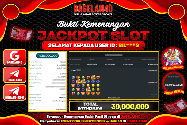 Bukti JP Slot Starlight Princess 1000 DAGELAN4D 02 JUNE 2025 Rp 30.000.000, – LUNAS