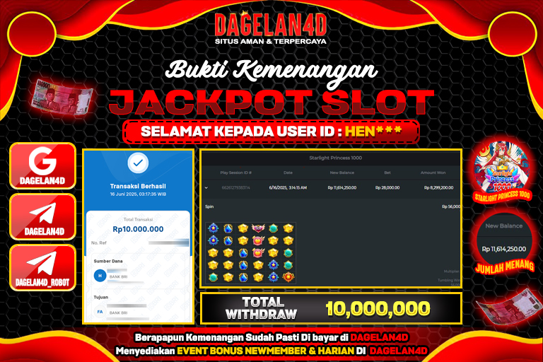 Bukti JP Slot Starlight Princess 1000 DAGELAN4D 16 JUNE 2025 Rp 10.000.000, – LUNAS