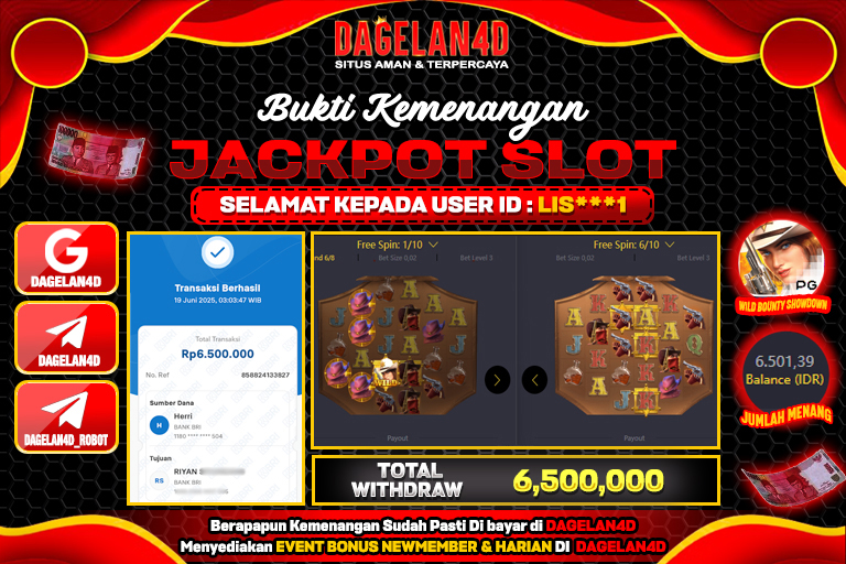 Bukti JP Slot Wild Bounty Showdown DAGELAN4D 19 JUNE 2025 Rp 6,500,000, – LUNAS