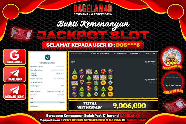 Bukti JP Slot Gates of Olympus 1000 DAGELAN4D 19 JUNE 2025 Rp 9,006,000, – LUNAS