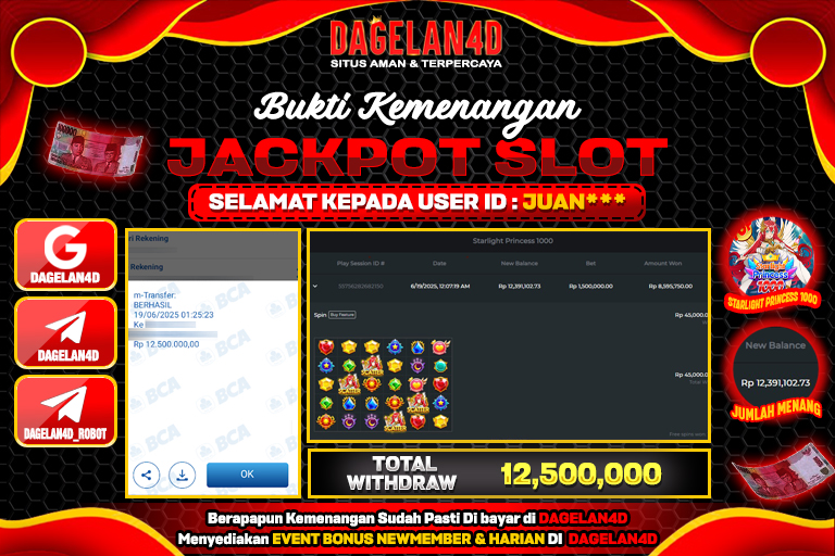 Bukti JP Slot Starlight Princess 1000 DAGELAN4D 19 JUNE 2025 Rp 12.500.000, – LUNAS