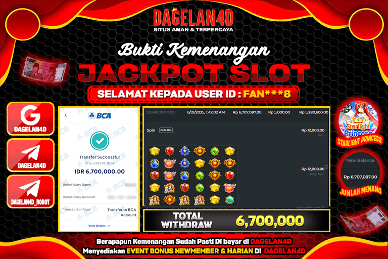 Bukti JP Slot Starlight Princess DAGELAN4D 21 JUNE 2025 Rp 6,700,000, – LUNAS