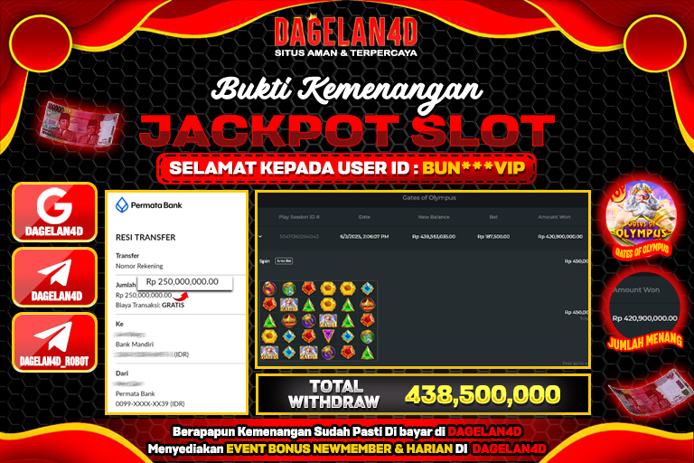 Bukti JP Slot Gates of Olympus DAGELAN4D 02 JUNE 2025 Rp 438.000.000, – LUNAS