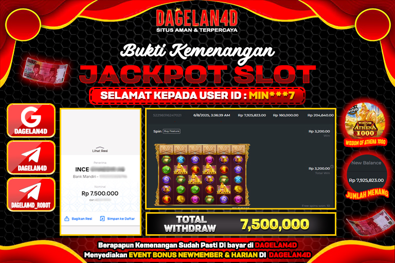 Bukti JP Slot Wisdom of Athena 1000 DAGELAN4D 08 JUNE 2025 Rp 7.500.000, – LUNAS