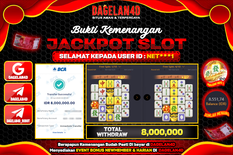 Bukti JP Slot Mahjong Ways 2 DAGELAN4D 23 JUNE 2025 Rp 8,000,000, – LUNAS