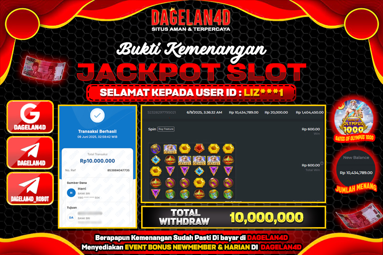 Bukti JP Slot Gates of Olympus 1000 DAGELAN4D 09 JUNE 2025 Rp 10.000.000, – LUNAS