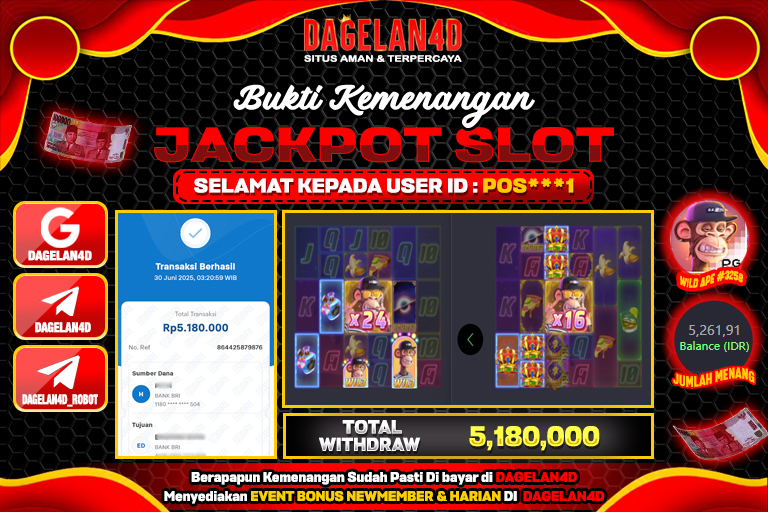 Bukti JP Slot Wild Ape DAGELAN4D 30 JUNE 2025 Rp 5.180.000, – LUNAS