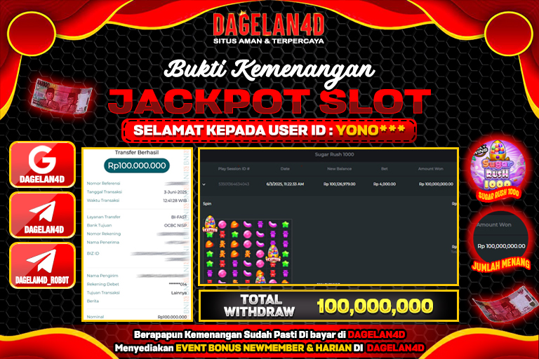 Bukti JP Slot Sugar Rush 1000 DAGELAN4D 03 JUNE 2025 Rp 100.000.000, – LUNAS