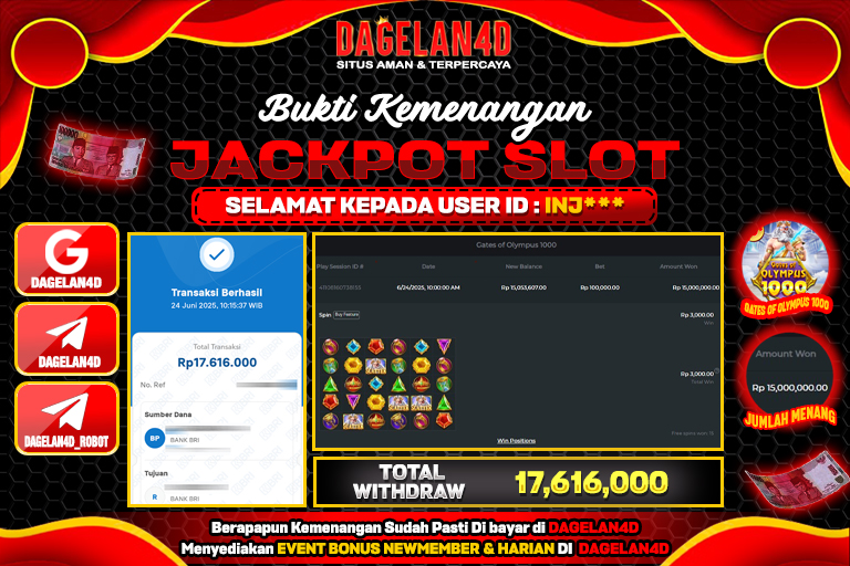 Bukti JP Slot Gates of Olympus 1000 DAGELAN4D 24 JUNE 2025 Rp 44.000.000, – LUNAS