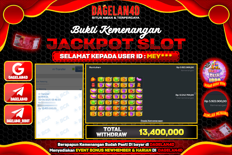 Bukti JP Slot Sugar Rush 1000 DAGELAN4D 30 JUNE 2025 Rp 13.400.000, – LUNAS