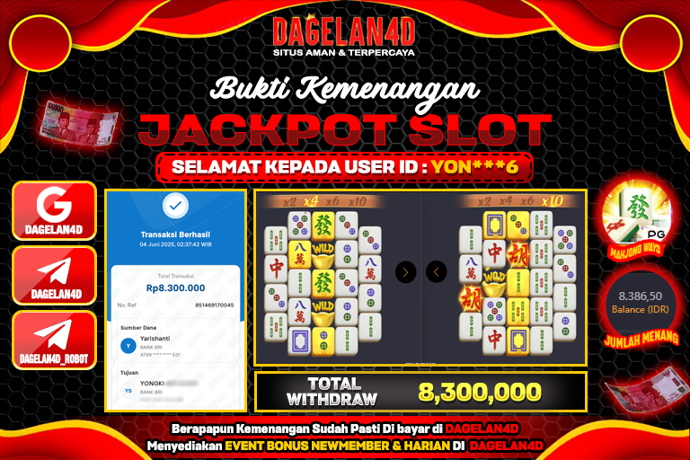 Bukti JP Slot Mahjong Ways DAGELAN4D 04 JUNE 2025 Rp 8.300.000, – LUNAS