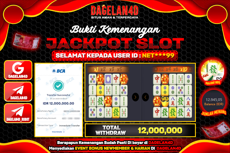 Bukti JP Slot Mahjong Ways DAGELAN4D 25 JUNE 2025 Rp 12,000,000, – LUNAS