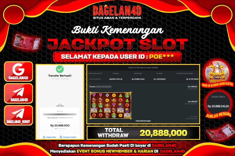 Bukti JP Slot Gates of Olympus Super Scatter DAGELAN4D 04 JUNE 2025 Rp 20.888.000, – LUNAS