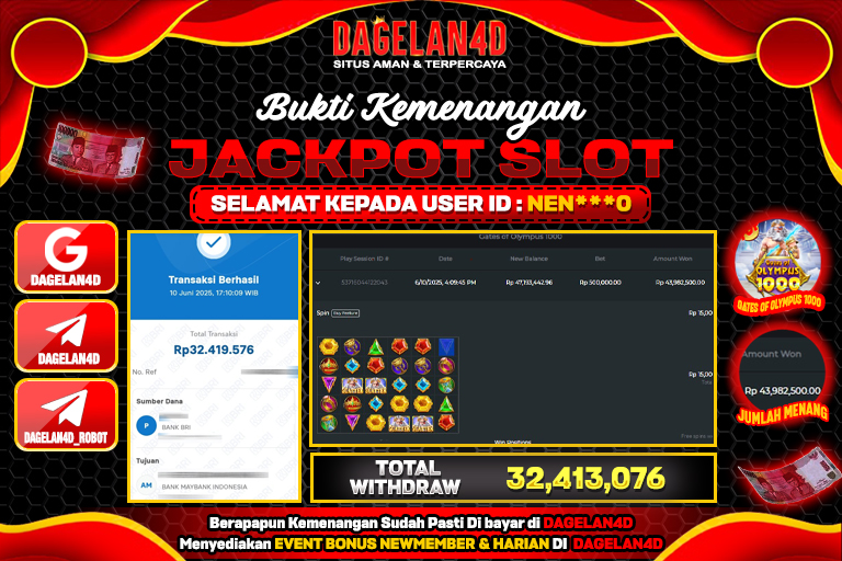 Bukti JP Slot Gates of Olympus 1000 DAGELAN4D 10 JUNE 2025 Rp 32.413.076, – LUNAS
