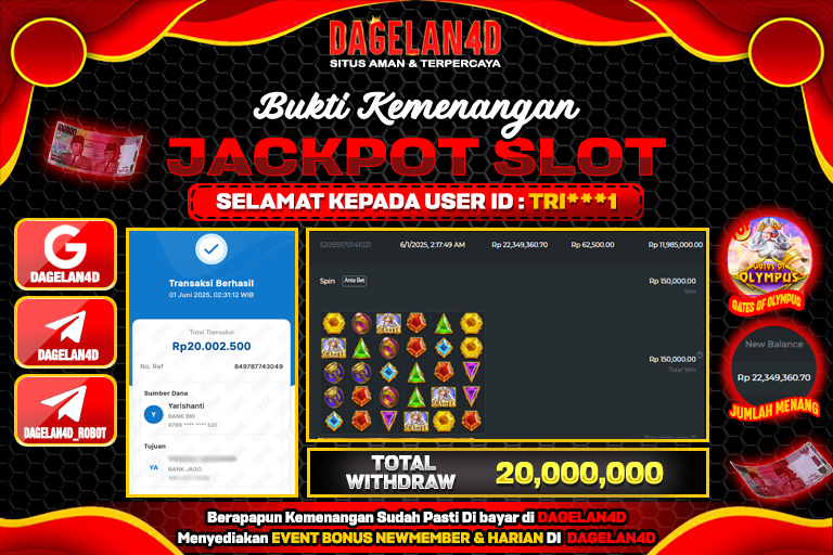 Bukti JP Slot Gates of Olympus DAGELAN4D 01 JUNE 2025 Rp 20.000.000, – LUNAS