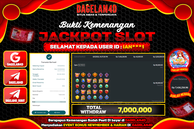 Bukti JP Slot Starlight Princess DAGELAN4D 04 JUNE 2025 Rp 7.000.000, – LUNAS
