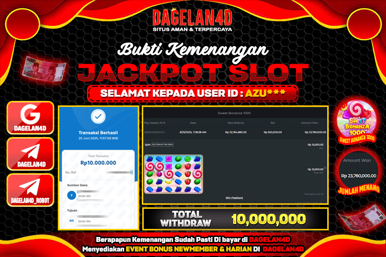 Bukti JP Slot Sweet Bonanza 1000 DAGELAN4D 25 JUNE 2025 Rp 10.000.000, – LUNAS