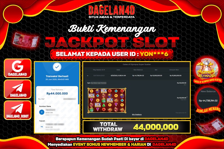 Bukti JP Slot Gates of Olympus Super Scatter DAGELAN4D 20 JUNE 2025 Rp 44.000.000, – LUNAS