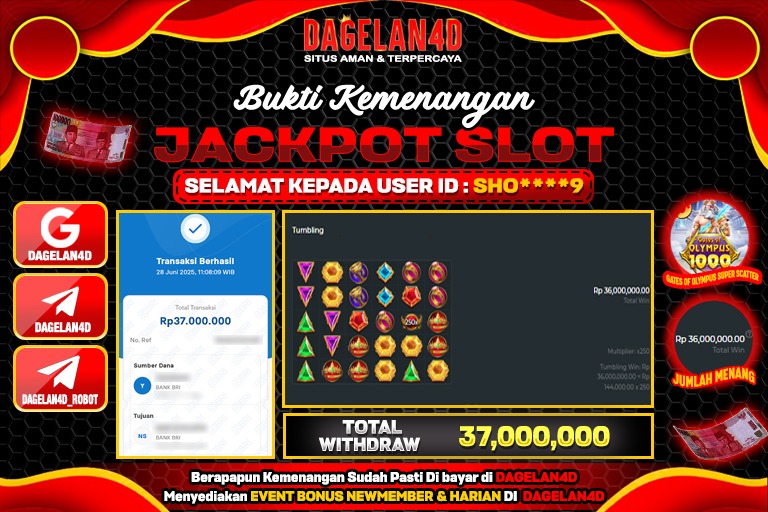 Bukti JP Slot Gates of Olympus 1000 DAGELAN4D 28 JUNE 2025 Rp 37.000.000, – LUNAS