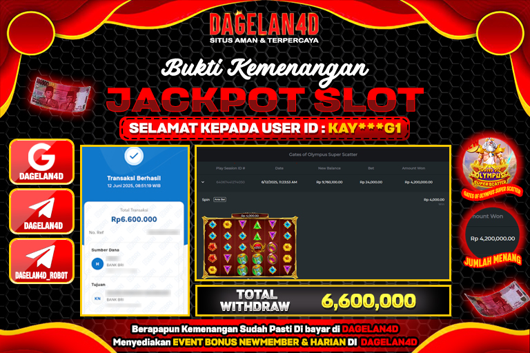 Bukti JP Slot Gates of Olympus Super Scatter DAGELAN4D 12 JUNE 2025 Rp 6.600.000, – LUNAS