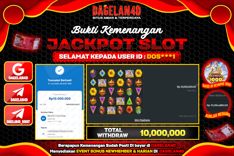 Bukti JP Slot Gates of Olympus 1000 DAGELAN4D 01 JULY 2025 Rp 10.000.000, – LUNAS