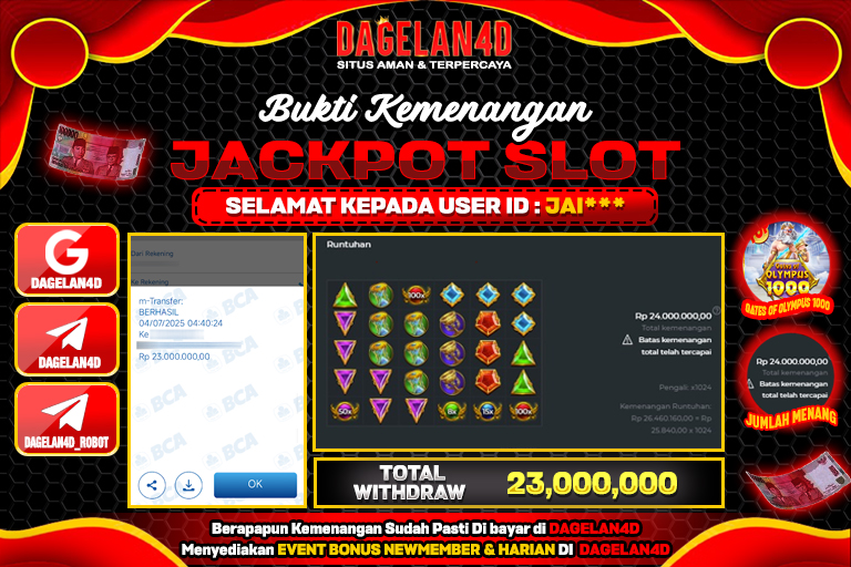 Bukti JP Slot Gates of Olympus 1000 DAGELAN4D 04 JULY 2025 Rp 23.000.000, – LUNAS