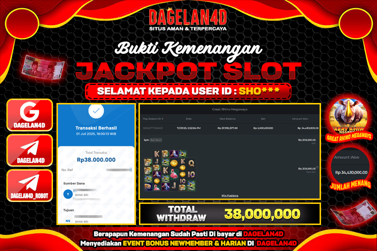 Bukti JP Slot Great Rhino Megaways DAGELAN4D 01 JULY 2025 Rp 38.000.000, – LUNAS