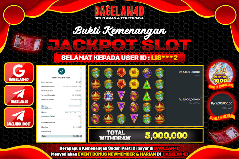 Bukti JP Slot Gates of Olympus 1000 DAGELAN4D 02 JULY 2025 Rp 5.000.000, – LUNAS