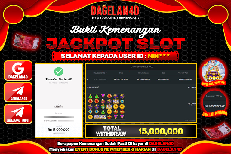 Bukti JP Slot Gates of Olympus 1000 DAGELAN4D 02 JULY 2025 Rp 15.000.000, – LUNAS
