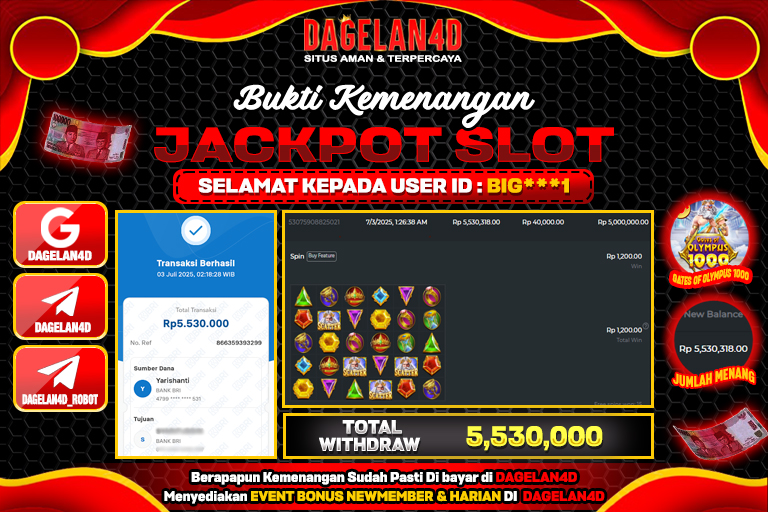 Bukti JP Slot Gates of Olympus 1000 DAGELAN4D 03 JULY 2025 Rp 5.530.000, – LUNAS