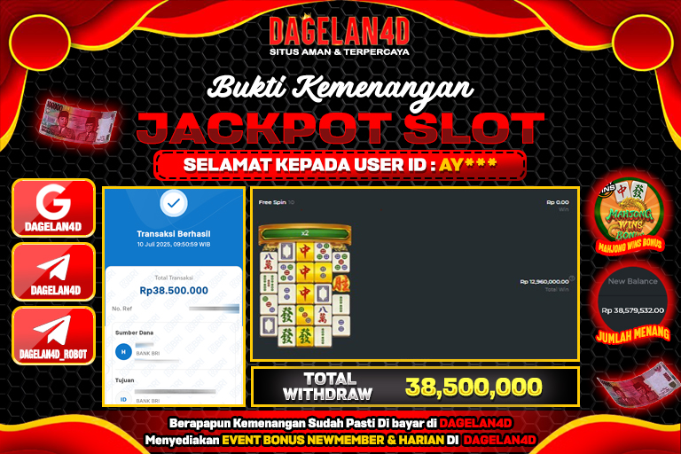Bukti JP Slot Mahjong Wins Bonus DAGELAN4D 10 JULY 2025 Rp 38.500.000, – LUNAS