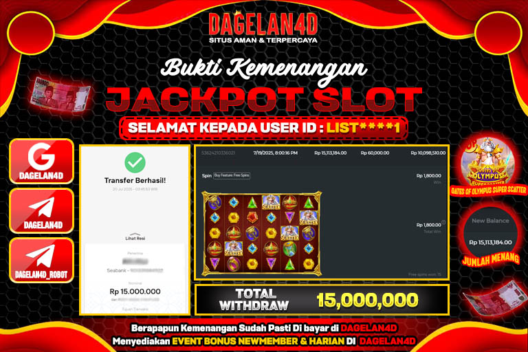 Bukti JP Slot Gates of Olympus Super Scatter DAGELAN4D 20 JULY 2025 Rp 15.000.000, – LUNAS