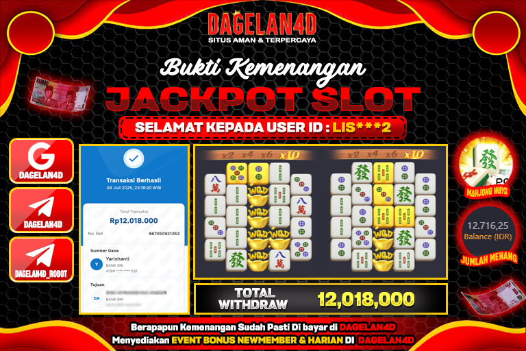 Bukti JP Slot Mahjong Ways DAGELAN4D 05 JULY 2025 Rp 12.500.000, – LUNAS
