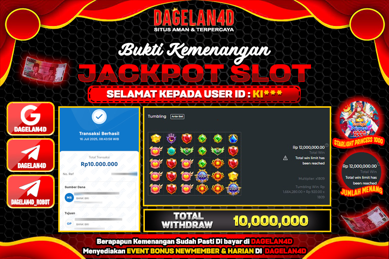 Bukti JP Slot Starlight Princess 1000 DAGELAN4D 16 JULY 2025 Rp 10.000.000, – LUNAS
