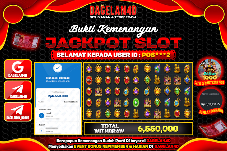Bukti JP Slot Gates of Gatot Kaca 1000 DAGELAN4D 17 JULY 2025 Rp 6.550.000, – LUNAS