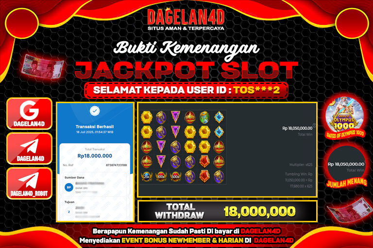 Bukti JP Slot Gates of Olympus 1000 DAGELAN4D 18 JULY 2025 Rp 18.000.000, – LUNAS