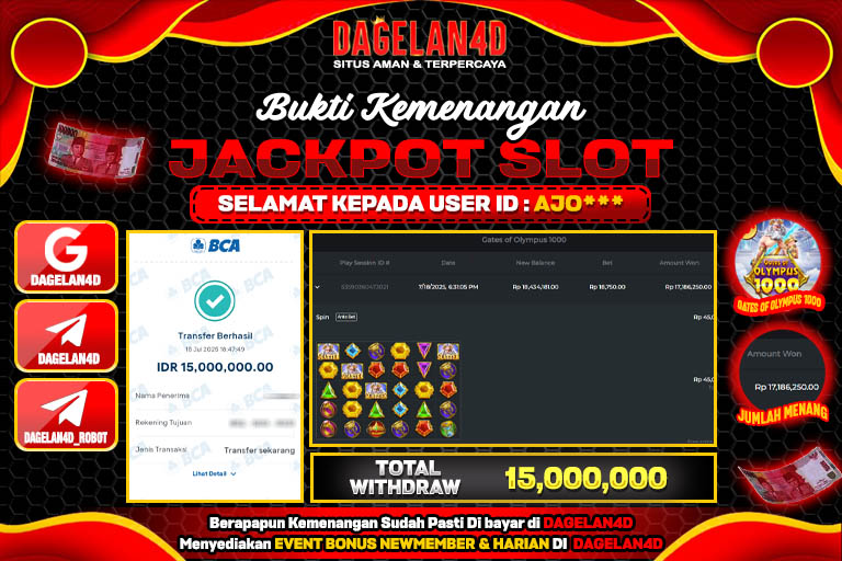 Bukti JP Slot Gates of Olympus 1000 DAGELAN4D 18 JULY 2025 Rp 15.000.000, – LUNAS