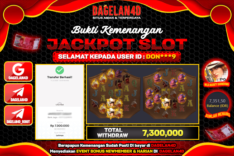 Bukti JP Slot Wild Bounty Showdown DAGELAN4D 11 JULY 2025 Rp 7.300.000, – LUNAS