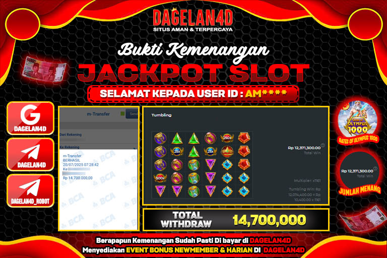 Bukti JP Slot Gates of Olympus 1000 DAGELAN4D 20 JULY 2025 Rp 15.000.000, – LUNAS
