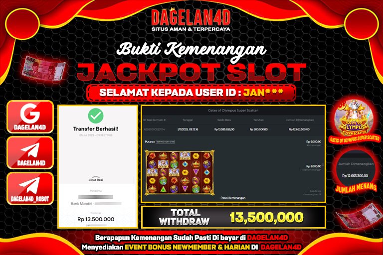 Bukti JP Slot Gates of Olympus Super Scatter DAGELAN4D 05 JULY 2025 Rp 13.500.000, – LUNAS