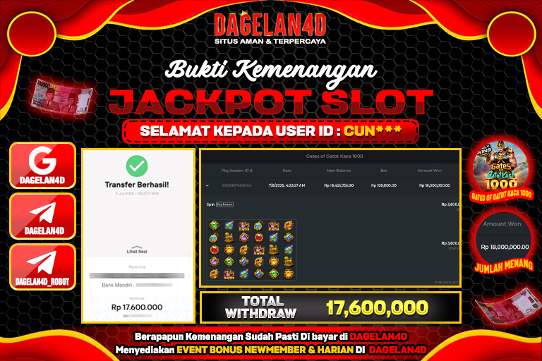 Bukti JP Slot Gates of Gatot Kaca 1000 DAGELAN4D 11 JULY 2025 Rp 17.600.000, – LUNAS