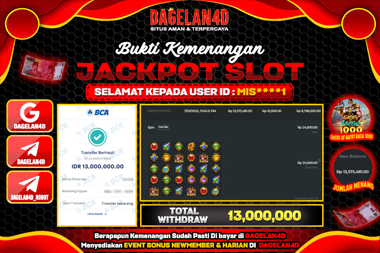 Bukti JP Slot Gates of Gatot Kaca 1000 DAGELAN4D 20 JULY 2025 Rp 13.000.000, – LUNAS