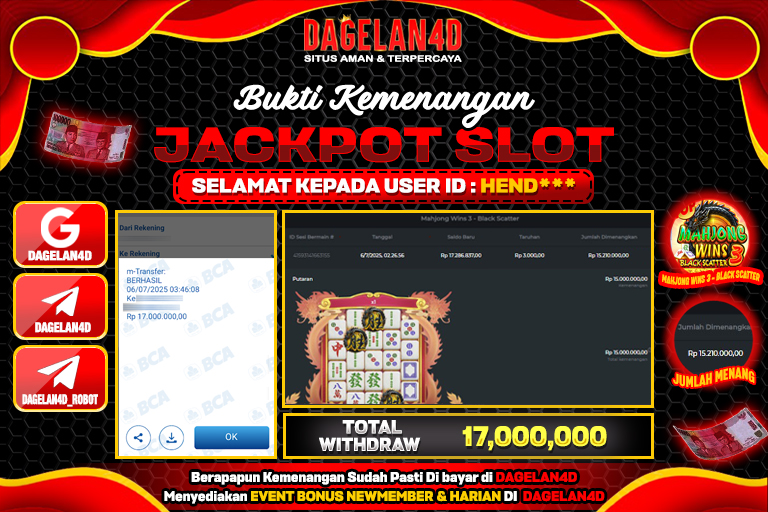 Bukti JP Slot Mahjong Wins 3 - Black Scatter DAGELAN4D 06 JULY 2025 Rp 17.000.000, – LUNAS