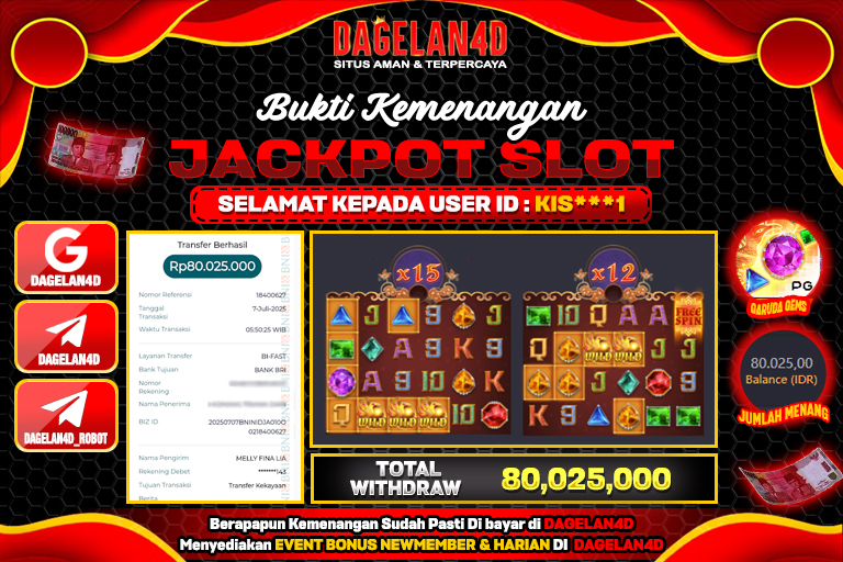 Bukti JP Slot Garuda Gems DAGELAN4D 07 JULY 2025 Rp 80.025.000, – LUNAS