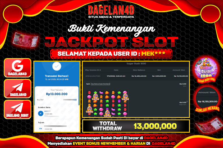 Bukti JP Slot Sugar Rush 1000 DAGELAN4D 12 JULY 2025 Rp 13.000.000, – LUNAS