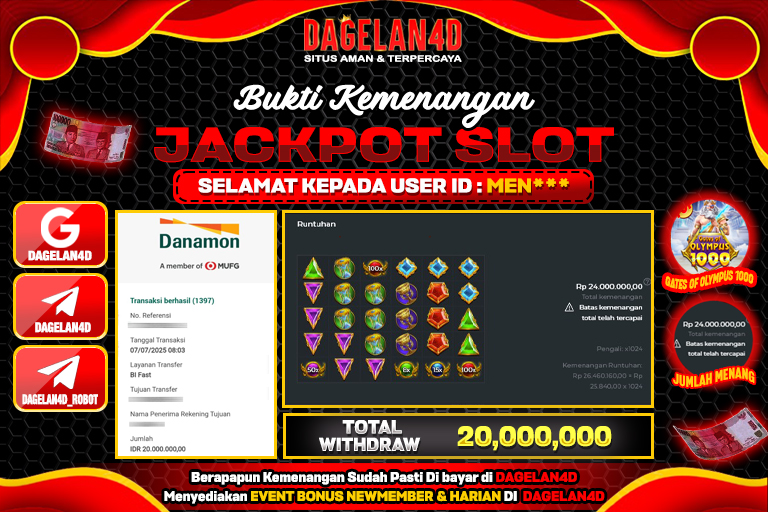 Bukti JP Slot Gates of Olympus 1000 DAGELAN4D 07 JULY 2025 Rp 20.000.000, – LUNAS