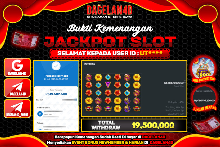 Bukti JP Slot Gates of Olympus 1000 DAGELAN4D 22 JULY 2025 Rp 19.500.000, – LUNAS