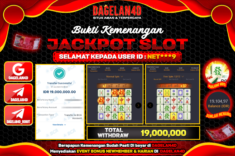 Bukti JP Slot Mahjong Ways DAGELAN4D 07 JULY 2025 Rp 19.000.000, – LUNAS