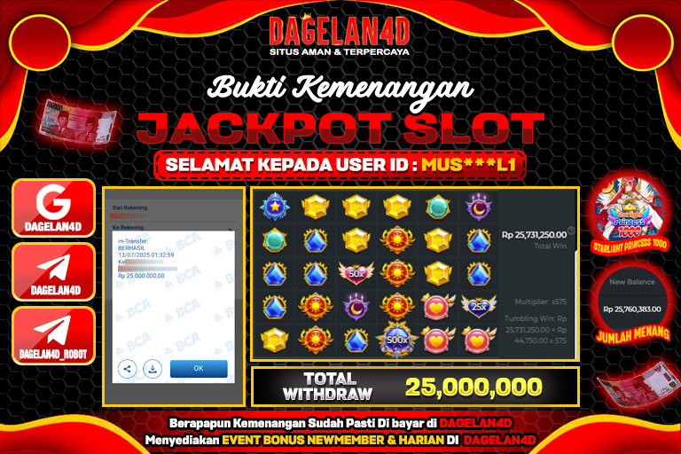Bukti JP Slot Starlight Princess 1000 DAGELAN4D 13 JULY 2025 Rp 25.000.000, – LUNAS